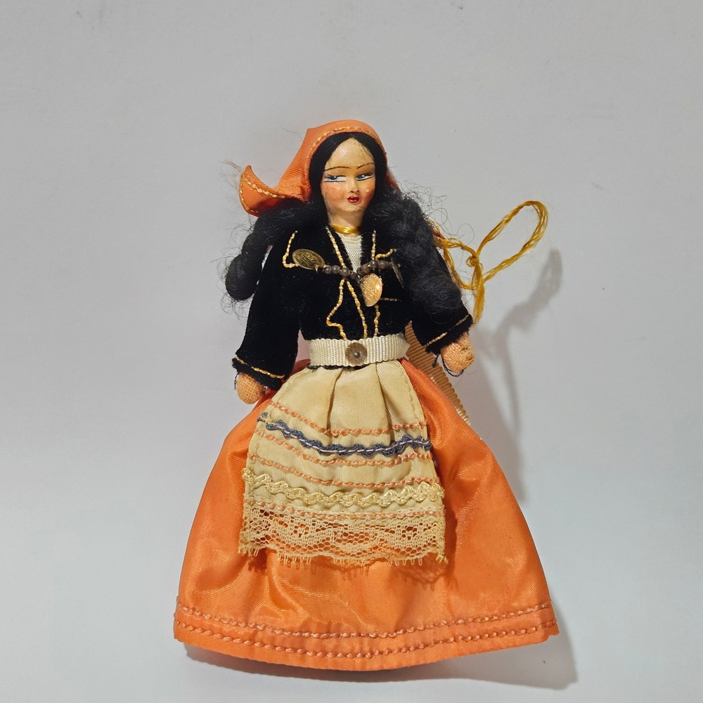 Vintage Greek Souvenir Doll Traditional Folk Costume Orange Black Velvet 7 inch